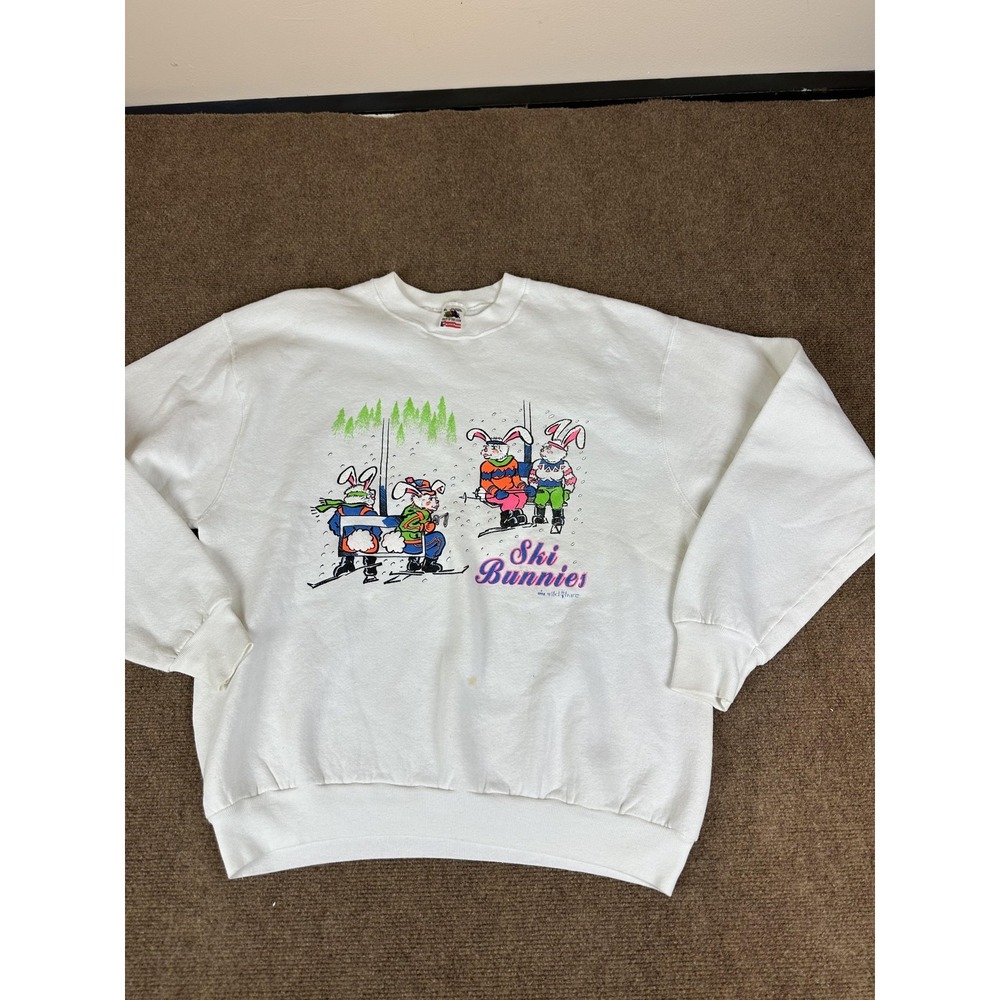 Vintage Ski Bunnies Sweatshirt Mens XL White Crewneck Wild Hare 90s Made USA